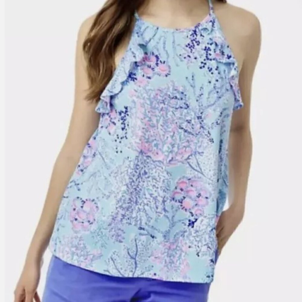 Lilly Pulitzer Blue and Pink Billie Tank Top Blouse in Now You Sea Me Medium NWT